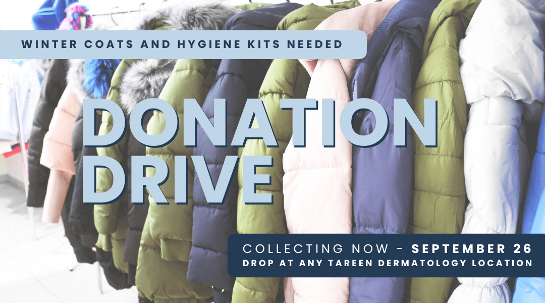 Collection bins at Tareen Dermatology for winter coat donation drive supporting Twin Cities families.
