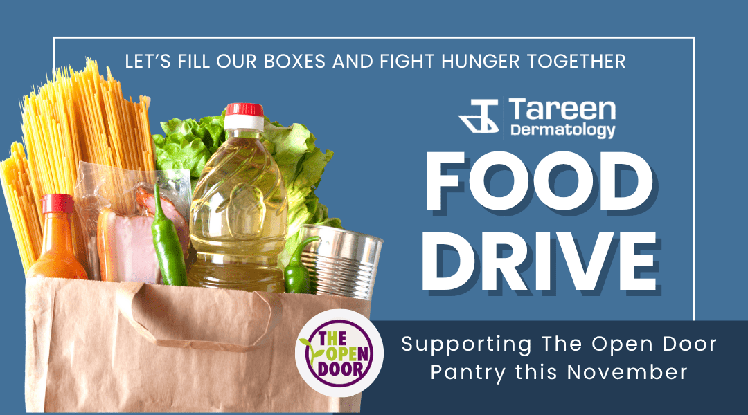 Donation boxes in Tareen Dermatology clinic lobbies for the November Food Drive benefiting The Open Door Pantry.