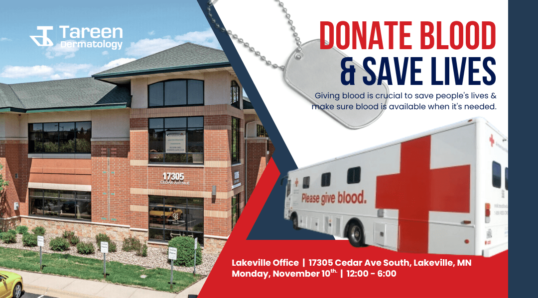 American Red Cross blood drive bus at Tareen Dermatology Lakeville clinic in honor of Veterans Day 2025.